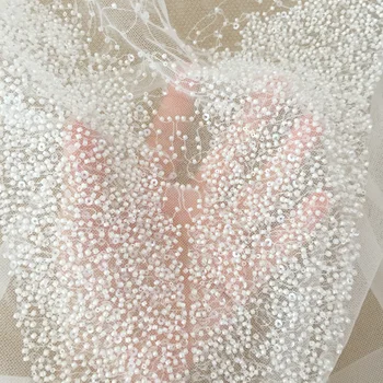 1 Adet Fildişi 3D Tohum İnci Boncuk Tül Dantel Aplike Çiçek Yama Aplike Temizle Pullu düğün elbisesi Aksesuarları
