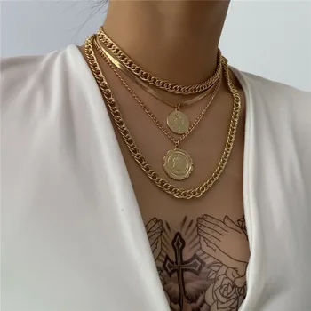 Boho Sikke Kolye Kadınlar İçin Moda Portre Çok Katmanlı Zincir Gerdanlık Altın Gümüş Renk Vintage Takı Bohemian Yaka 2021