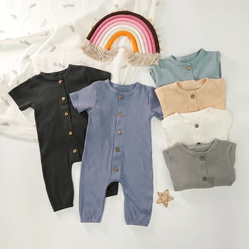 Erkek bebek Giysileri Yenidoğan Nervürlü Kısa Kollu Tulum Toddlers Boys Pijama Yeni Moda Tulum Unisex Düğmeler Tulum Tulum