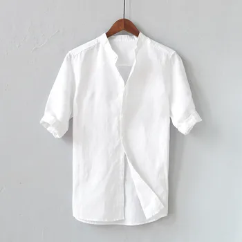 Erkek Standı Yaka Beyaz Gömlek Casual Temel Kısa Kollu Gömlek Düğmesi Düz Renk İnce Streetwear Erkek Üstleri Yaz Camisas Yeni