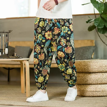 Oryantal erkek Çiçek harem pantolon Moda Çin Geleneksel Pamuk Keten İpli Harem Bloomers Spor koşu pantolonları