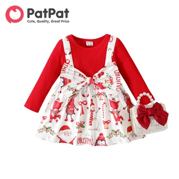 PatPat Noel Bebek Kız Kırmızı Kaburga Örgü Uzun kollu Sahte iki Allover Baskı Yay Ön Elbise