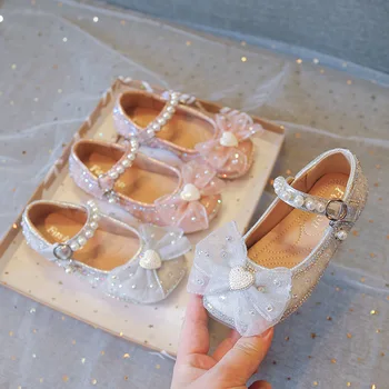 Pembe Gümüş Kristal Ayakkabı Bling bling İlmek Kızlar Prenses Ayakkabı Düğün Parti Dans moda ayakkabılar Kızlar İçin deri ayakkabı