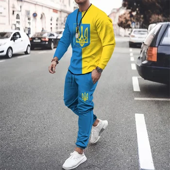 Ukrayna Tarzı Uzun Kollu Set İki parçalı Eşofman Büyük Boy Erkek Giyim Spor Erkek 3D Baskılı Tişörtü Takım Elbise