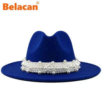 Yün Caz fötr şapkalar Rahat Erkek Kadın Deri Inci Şerit dokulu şapka Beyaz Mavi Sarı Panama Fötr Resmi Parti Kap 56-58-61CM